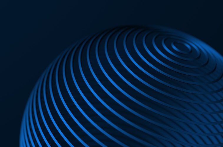 Abstract 3d rendering of high tech metal structure. Blue background with lines in empty space. Futuristic steel shape.